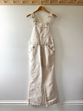 Vintage GAP Women's Cream Denim Overalls with Rainbow Stitching
